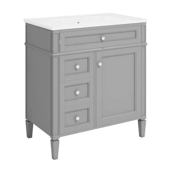30 in. Single Sink Freestanding 2 Drawers and a Tip-Out Drawer Gray Bath Vanity with White Resin Top