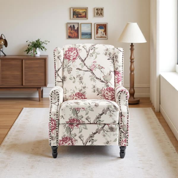 Beige And Pink Floral Pattern Linen Nailhead Trim Upholstered Manual Recliner Chair with Adjustable Footrest(Set of 1)