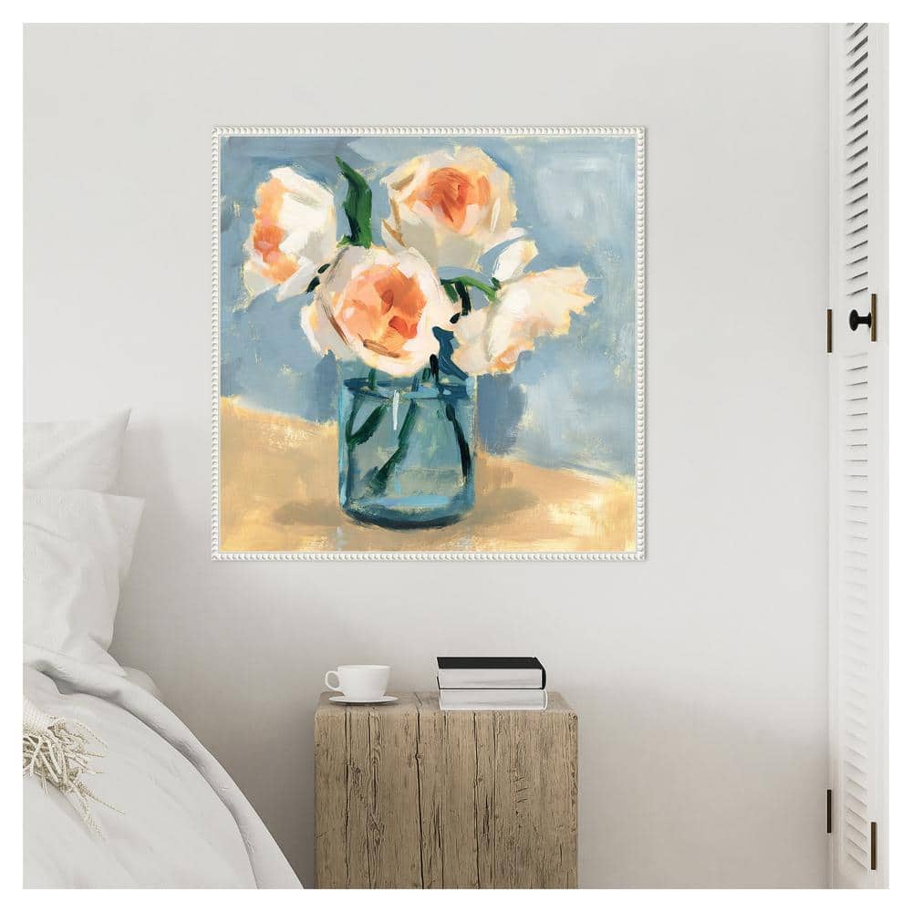 Peonies in Mason Jar II White Framed Canvas Wall Art
