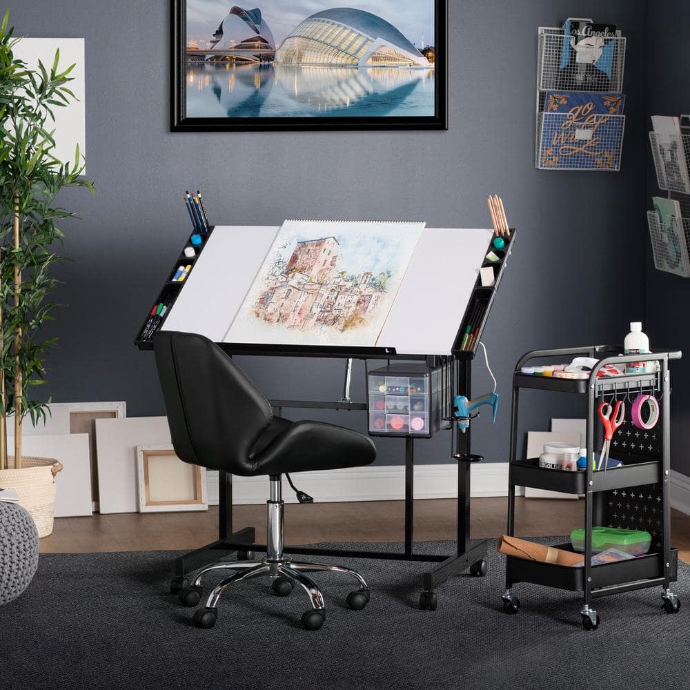 Adjustable Black and White Craft Station with Drawers