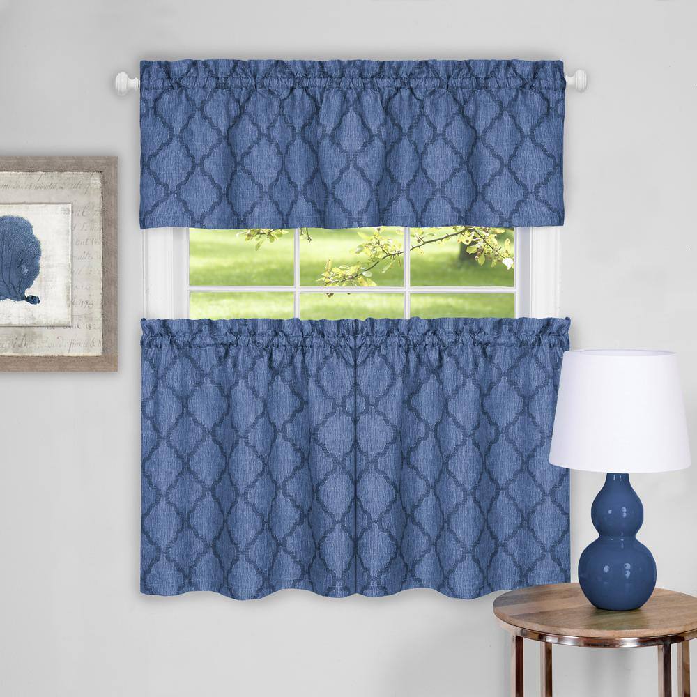 Blue Trellis Design Rod Pocket Tier Curtains and Valance Set