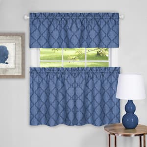 Colby Blue Polyester Light Filtering Rod Pocket Tier and Valance Curtain Set 58 in. W x 24 in. L