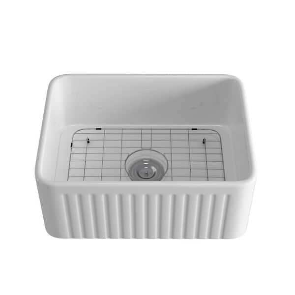 EPOWP White Ceramic 24 in. Single Bowl Corner Farmhouse Apron Workstation Kitchen Sink with Bottom Grid