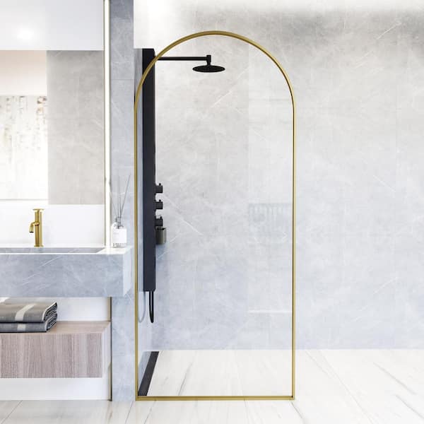 VIGO Arden 34 in. W x 78 in. H Framed Fixed Shower Screen Door in Matte Brushed Gold with 3/8 in. (10mm) Clear Glass