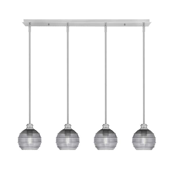 Unbranded Albany 60-Watt 4-Light Brushed Nickel Linear Pendant Light with Smoke Ribbed Glass Shades and No Bulbs Included