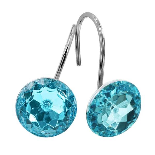 Teal Blue Metal Shower Curtain Hooks Rings with Crystal Rhinestones for Bathroom Curtain Rods 12 Pack