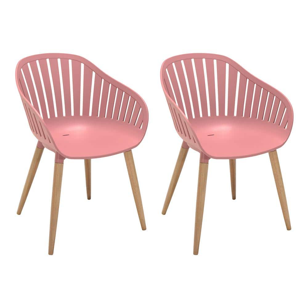 Nassau Pink Peony Arm Plastic Outdoor Patio Dining Chairs with Wood Legs (S