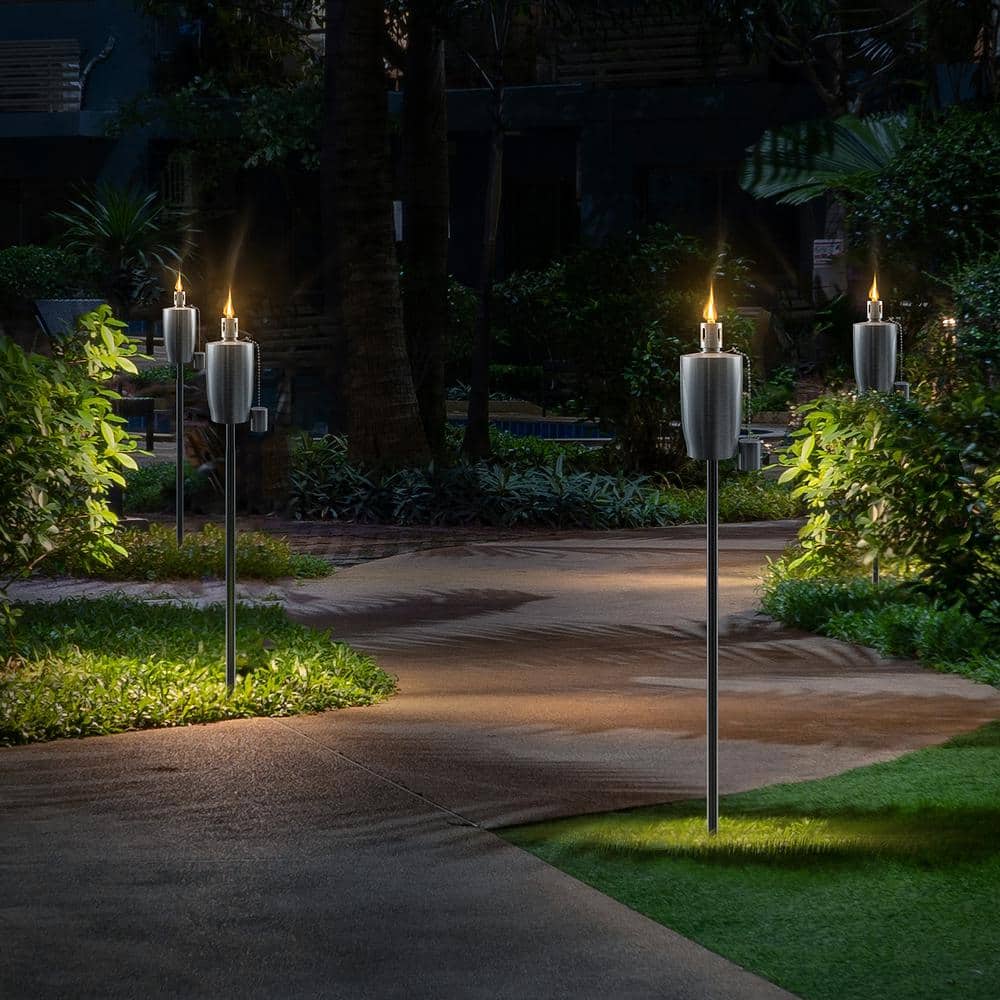 Stainless Steel 5 ft Outdoor Cylinder Torches with Fiberglass Wick, Set of 2