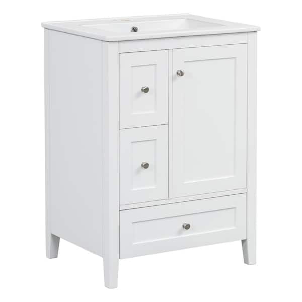 24 in. W White Freestanding Bath Vanity with White Ceramic Top Sink,Storage, Adjustable Shelf