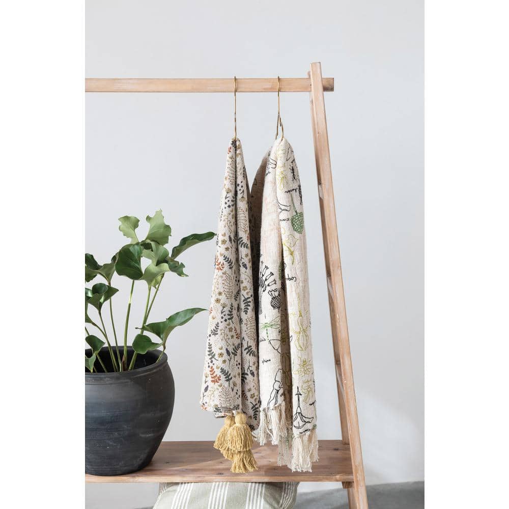 Neutral Floral Cotton Blend Throw Blanket with Tassels, 60" x 50"