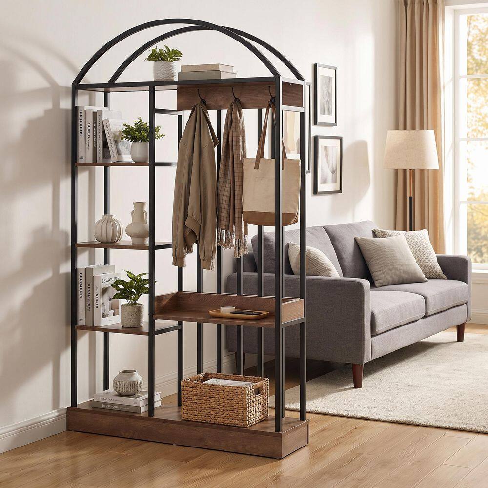 70.9"H Arched Entryway Hall Tree Room Divider with Storage Shelves & Sturdy Metal Frame