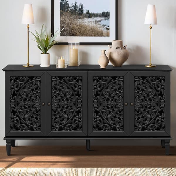 Black 31.50 in.H Storage Cabinet with Floral Carvings,Solid Wood Legs,Antique Brass Handles and Adjustable Shelves