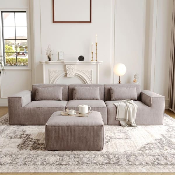 118.12 in Square Arm Corduroy Fabric Rectangle Modern 3-Seater Modular Sofa in Brown