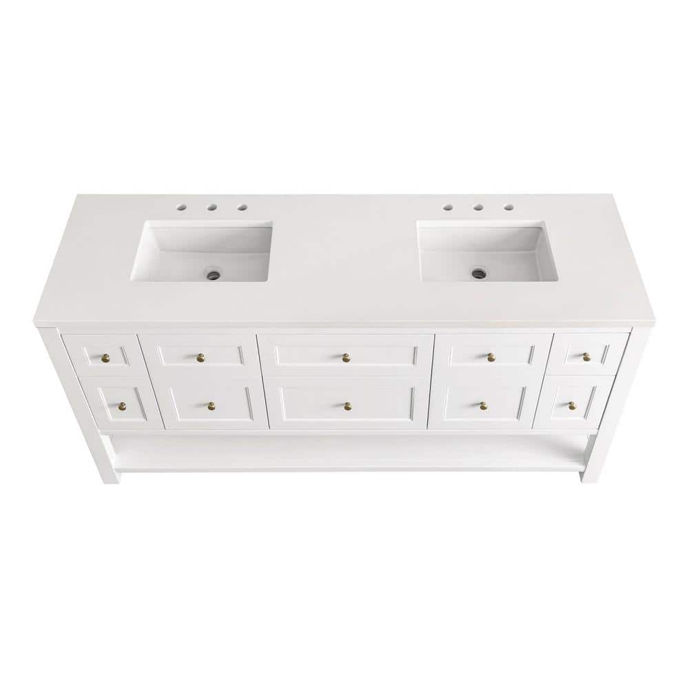 Bright White Solid Wood Double Vanity with Brass Knobs