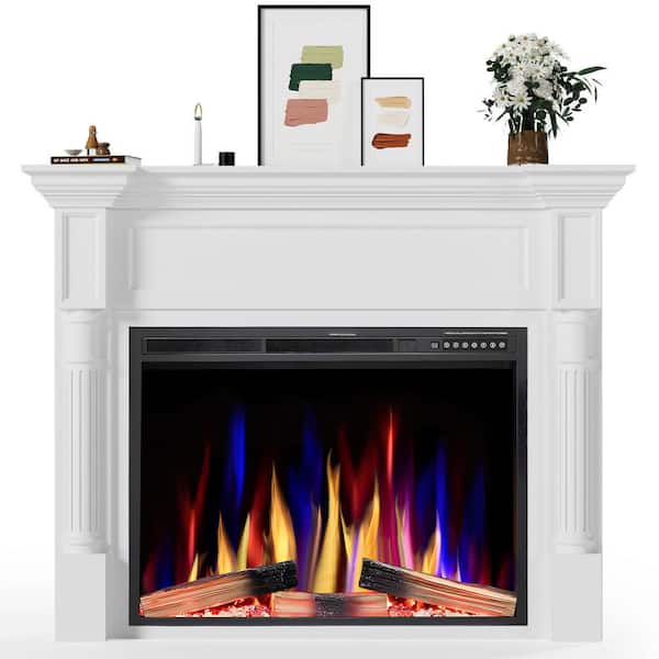 55 in. Freestanding Wood-Frame Electric Fireplace With Remote Control And Timer In White