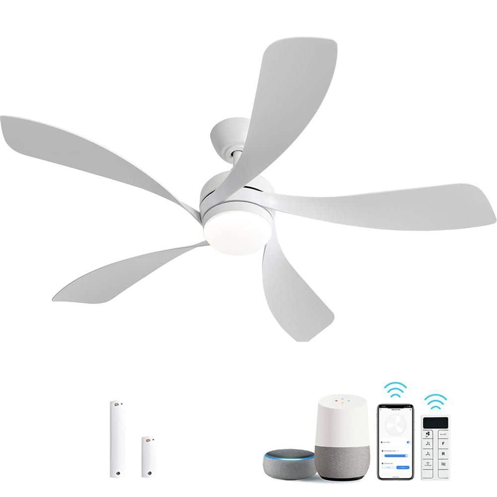 52 In. Indoor/Outdoor White Downrod Smart Ceiling Fan with Integrated LED and 6 Speed DC Remote APP Control