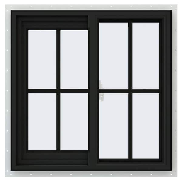 24 in. x 24 in. V-2500 Series Bronze Exterior/White Interior FiniShield Vinyl Left-Handed Sliding Window w/Colonial Grid