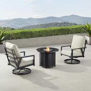 Black 3-Piece Aluminum Patio Fire Pit Set with 2-Club Chairs Light Grey Cushions