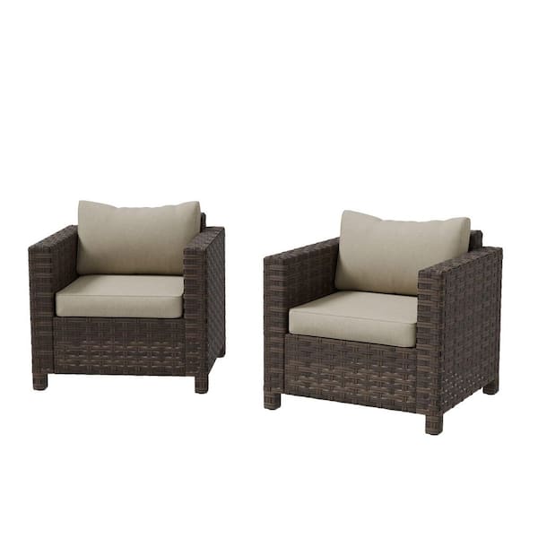 All-Weather Outdoor Wicker Lounge Chair with Wide Armrest and Beige Cushions (2-Piece)