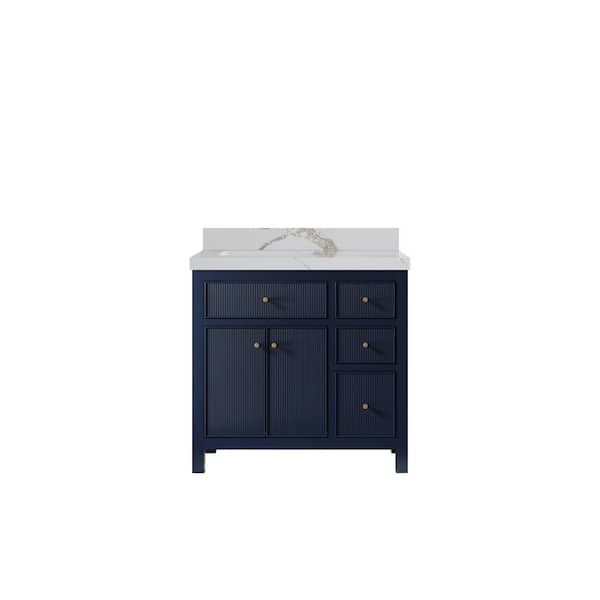 Willow Collections Sonoma 36 in. Left Sink Freestanding Navy Blue Bath Vanity with Calcutta Gold Quatrz Top Unassembled