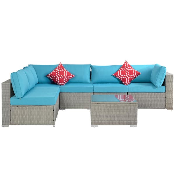 Afoxsos Gray 7-Piece PE Rattan Wicker Outdoor Sectional Sofa Set with 2 Pillows and Coffee Table and Blue Cushions