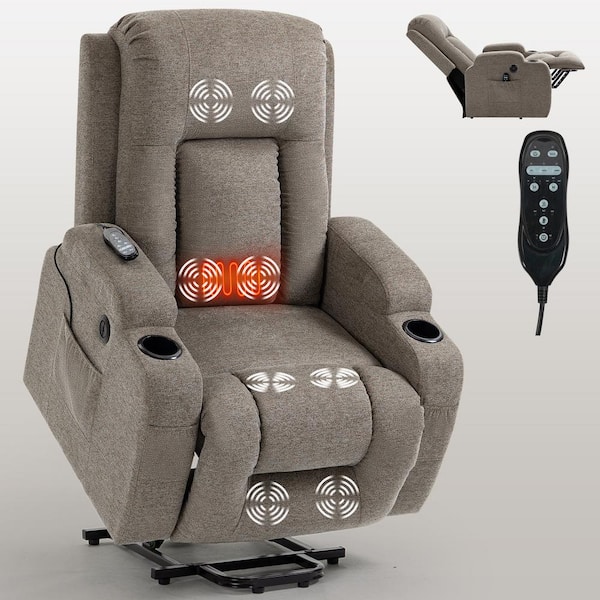 Brown Power Lift Recliner Electric Recliner Chairs with Massage and Heating, Cup Holder and USB Port