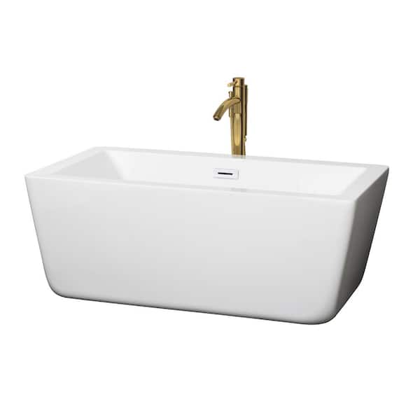 Wyndham Collection Laura 58.75 in. Acrylic Flatbottom Bathtub in White with Shiny White Trim and Brushed Gold Faucet