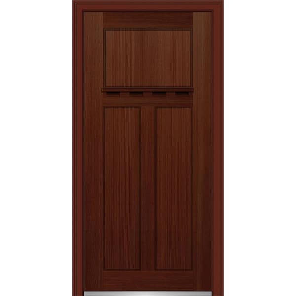 MMI Door 36 in. x 80 in. Shaker Left-Hand Craftsman 3-Panel Stained Fiberglass Fir Prehung Front Door with Dentil Shelf