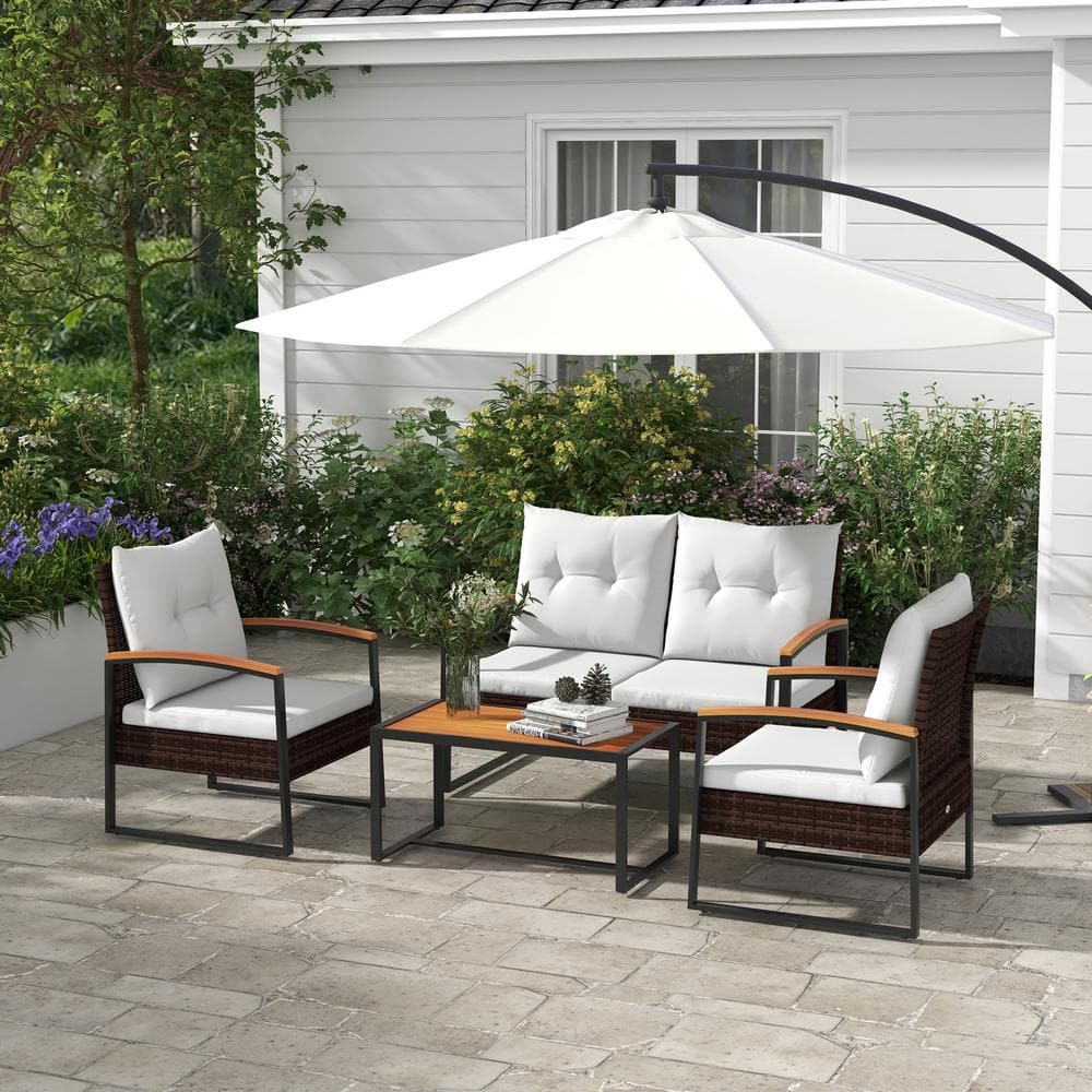 4-Piece Rattan Patio Conversation Set with White Cushions