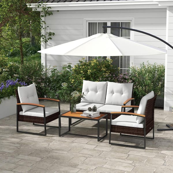 Outsunny 4-Piece Rattan Patio Conversation Set with White Cushions