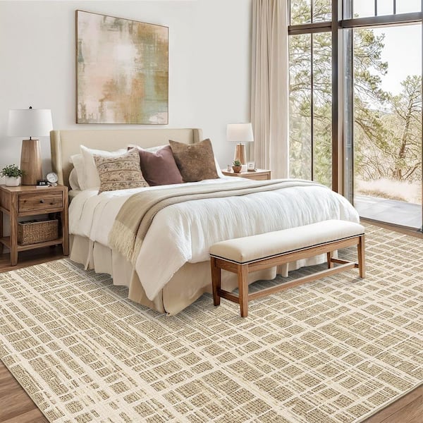 Camel 8 ft. x 10 ft. Anti-Slip Grid Print Rug Modern Machine Washable Ultra-Thin Soft for Bedroom Corridor Office