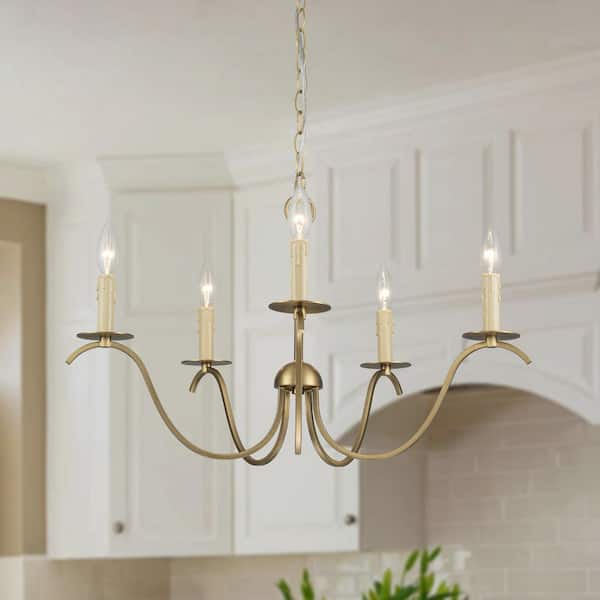 Y'INSP 5 Light Brushed Gold Farmhouse Rustic Bending Arm Chandelier Ceiling Hanging Pendant Light, Classic Candelabra Style