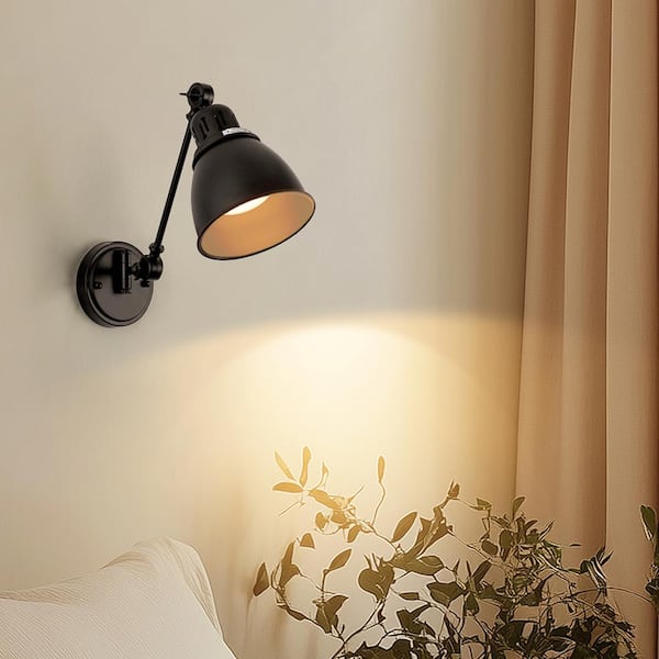6 In. Plug-In Wall Sconces Set of 2, Tausende Black Metal Swing Arm Wall Lamps, Ideal for Bedroom or Cozy Reading Nook