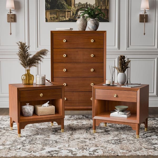 Forma 3-Piece Mid Century Walnut 1-Drawer 26 in. W Set of 2-Nightstands and Chest
