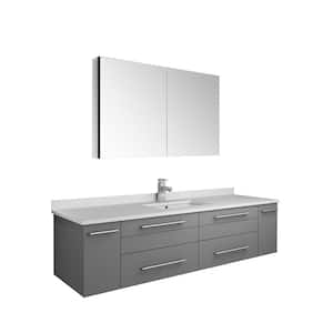 Lucera 60 in. W Wall Hung Vanity in Gray with Quartz Stone Vanity Top in White with White Basin and Medicine Cabinet