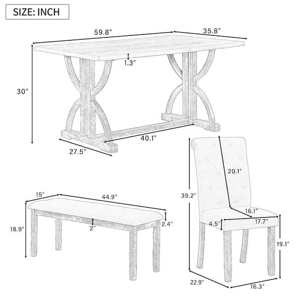 6-Piece Retro Natural Wood Wash Wood Top Dining Room Set Seats 5