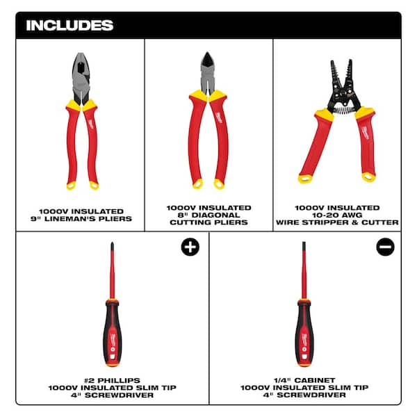 Electricians 9 in. Dipped Grip Lineman's Pliers w/Wire Stripper, Work  Pouch, and Screwdriver Tool Set (9 Piece)