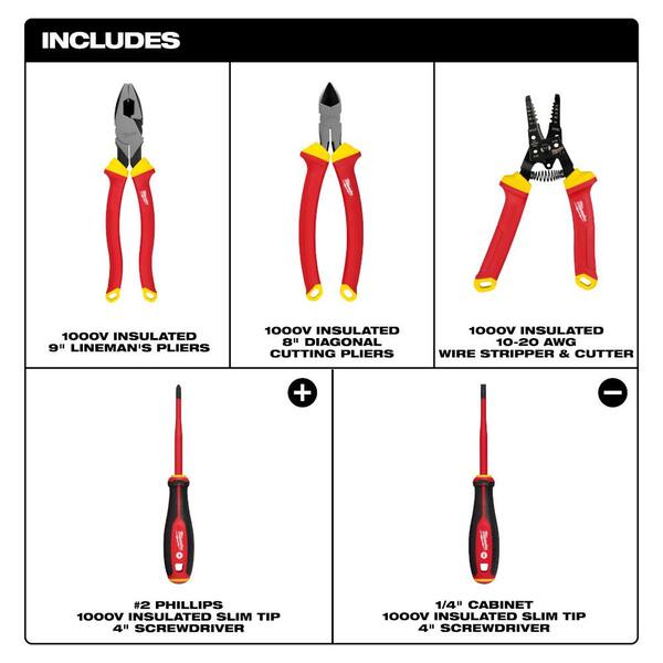 Milwaukee 1000V Insulated Hand Tool Set with Compact Autolock 25 ft. Tape Measure and FASTBACK 6-in-1 Folding Knife (7-Piece)