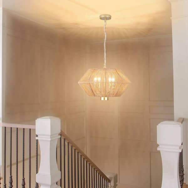 LWYTJO 4-Light Spray Gold and Brown Dimmable Paper Rattan