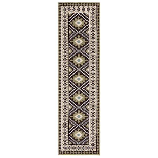 Veranda Chocolate/Green 2 ft. x 8 ft. Aztec Geometric Indoor/Outdoor Runner Rug