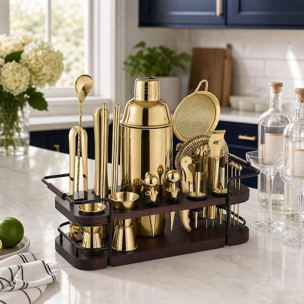 Wudkey 24-Piece Cocktail Shaker Set Bartender Kit with Stand, Martini Shaker, Jigger, Muddler for Home Bar Cocktails in Gold