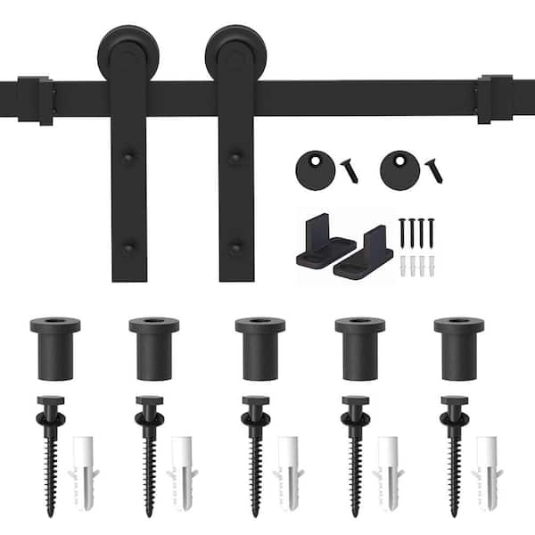 WINSOON 6 ft. Frosted Black Strap Sliding Barn Door Track Hardware Kit for Single Wood Door with Non-Routed Floor Guide
