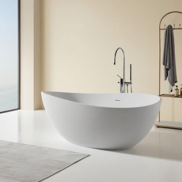 63 in. x 37.5 in. Solid Surface Freestanding Soaking Bathtub with with Plenty of Room to Stretch Out in White