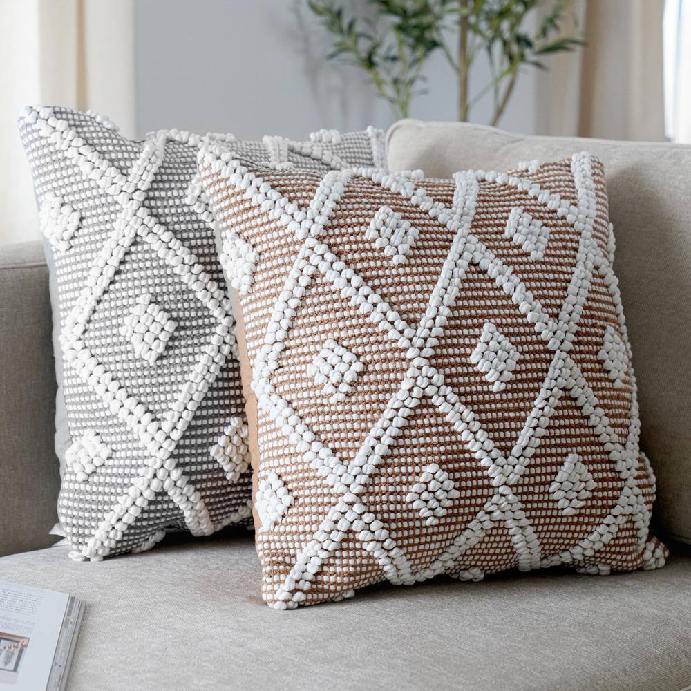 20"x20" Neutral Diamond Textured Cotton-Poly Throw Pillow Cover