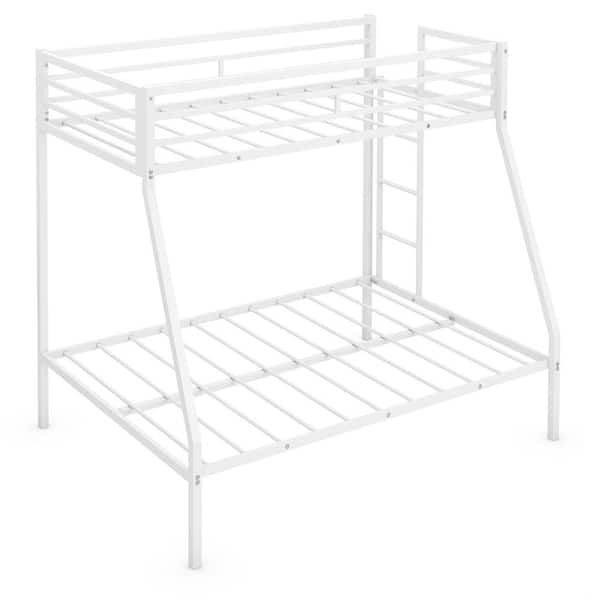 Costway White Twin Over Full Metal Bunk Bed Frame With Ladder Space-Saving Design