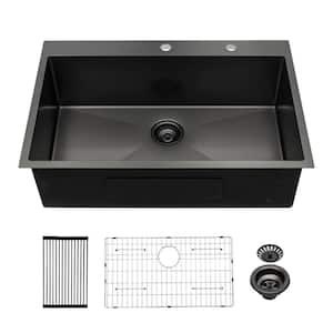 Black 16-Gauge Stainless Steel 33 in. Single Bowl Drop-in Workstation Kitchen Sink with Drainboard & Bottom Grid