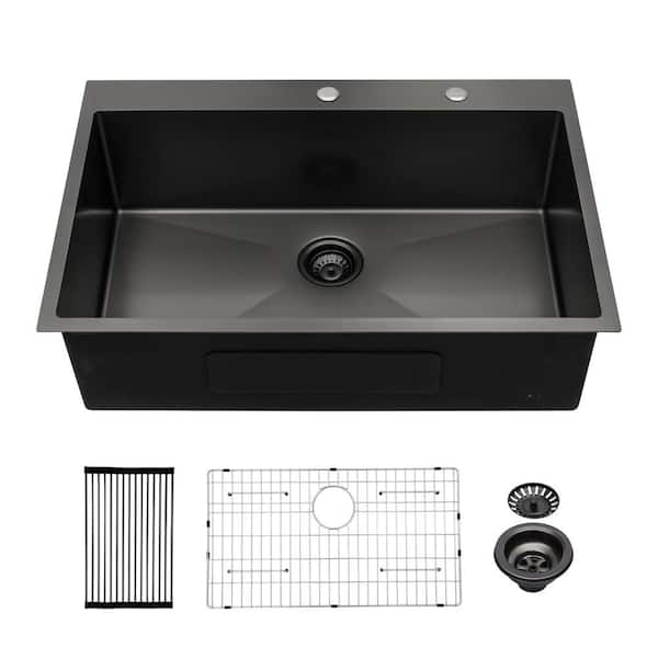 HBEZON Black 16-Gauge Stainless Steel 33 in. Single Bowl Drop-in Workstation Kitchen Sink with Drainboard & Bottom Grid