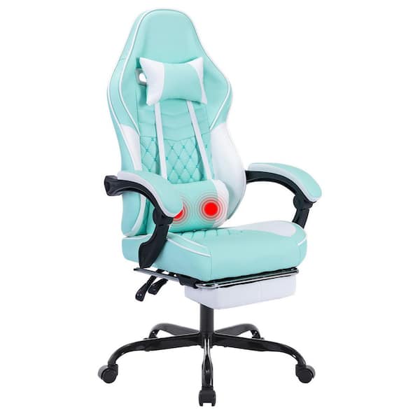 Ellie Faux Leather Swivel High Back Gaming Chair in Green with Footrest, Massage Lumbar Pillow, Ergonomic Office Chair