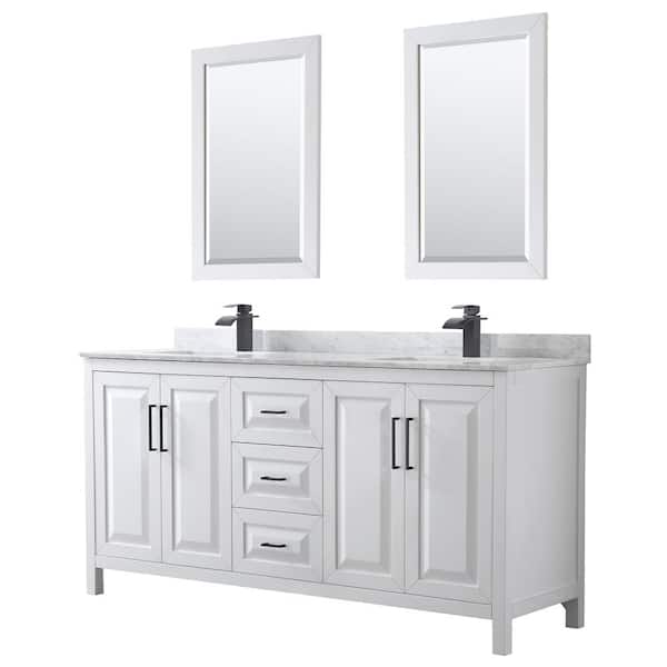Wyndham Collection Daria 72 in. W x 22 in. D x 35.75 in. H Double Bath Vanity in White with White Carrara Marble Top and 24 in. Mirrors