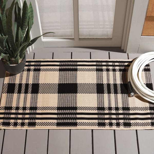Courtyard Black/Bone 3 ft. x 3 ft. Plaid Indoor/Outdoor Square Area Rug